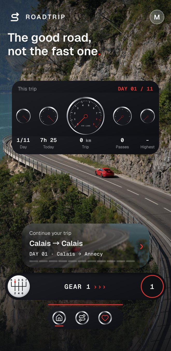 The home screen with the current trip and gear bar